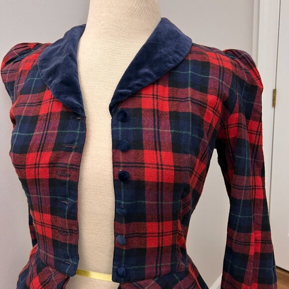 Vintage Lanz Originals 80s Red Plaid Velvet Trim Peplum Tartan Dress Sz XS - Picture 10 of 15
